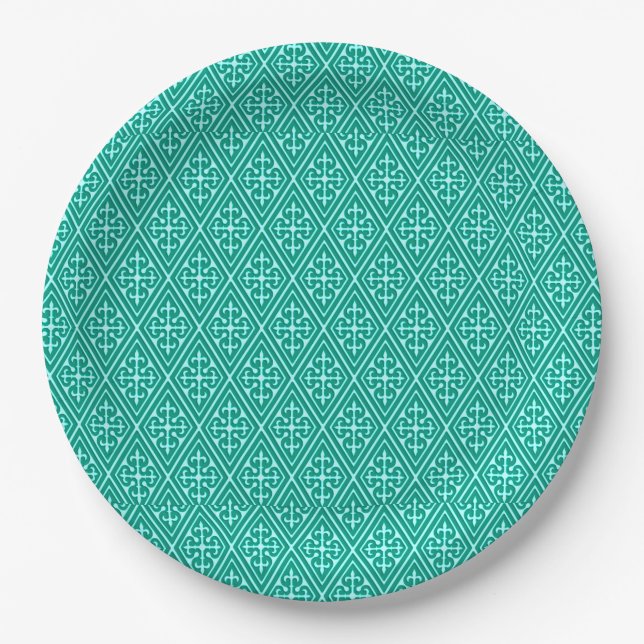 Mediaeval Damask Diamonds, turquoise and aqua Paper Plate (Front)