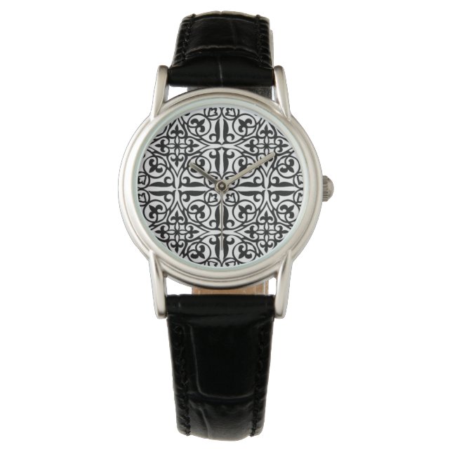 Mediaeval Damask Fleur-de-lis, black and white Watch (Front)