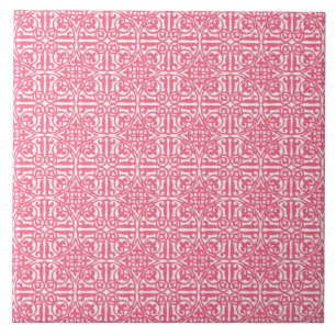 Mediaeval Damask Fleur-de-lis, coral pink & white Tile