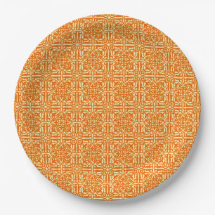 Mediaeval Damask Fleur-de-lis, mandarin orange Paper Plate