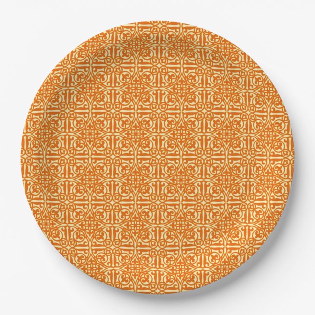 Mediaeval Damask Fleur-de-lis, mandarin orange Paper Plate (Front)