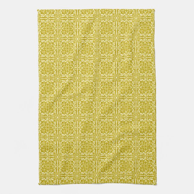 Mediaeval Damask Fleur-de-lis, mustard gold Tea Towel (Vertical)