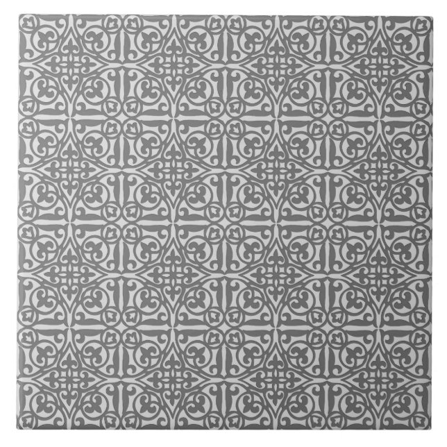 Mediaeval Damask Fleur-de-lis, silver grey Ceramic Tile (Front)