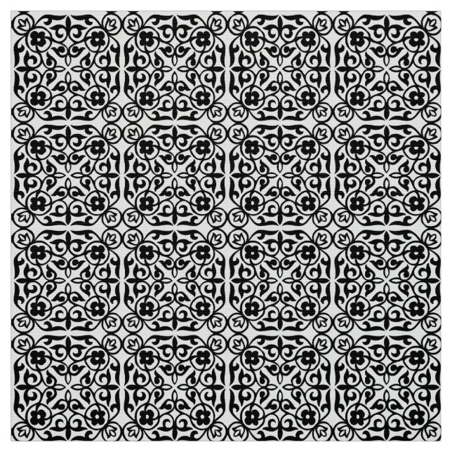 Mediaeval Damask pattern, black and white Fabric (Swatch)