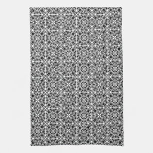 Mediaeval Damask pattern, black and white Tea Towel