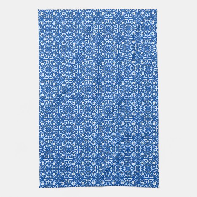 Mediaeval Damask pattern, cobalt blue Tea Towel (Vertical)
