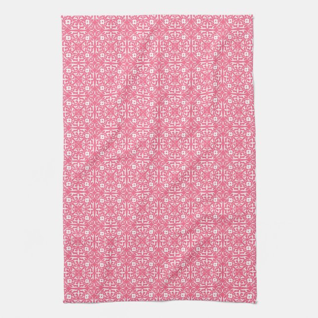 Mediaeval Damask pattern, coral pink & white Tea Towel (Vertical)
