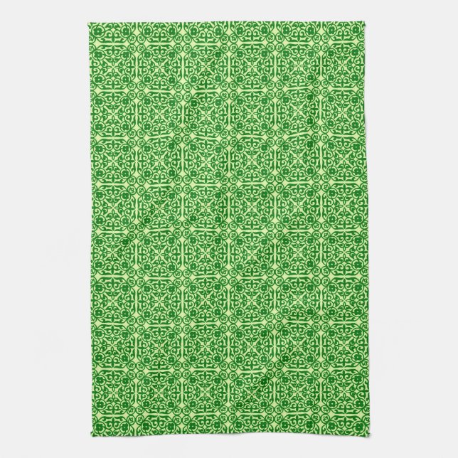 Mediaeval Damask pattern, dark pine green Tea Towel (Vertical)