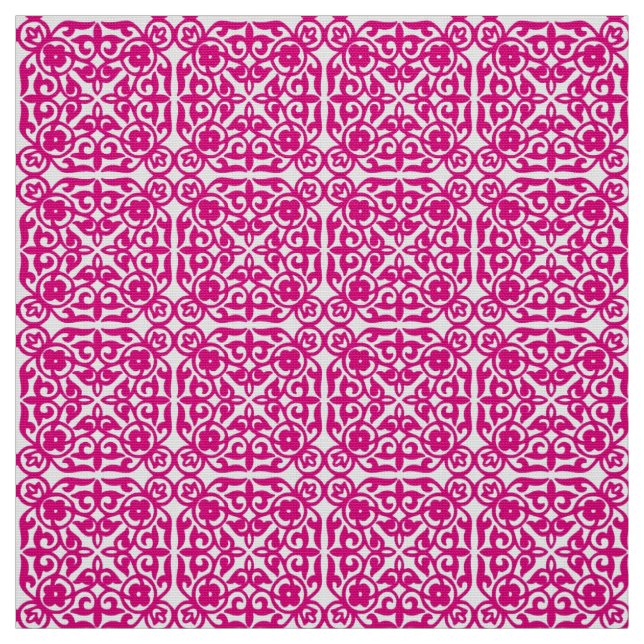 Mediaeval Damask pattern, magenta and white Fabric (Swatch)