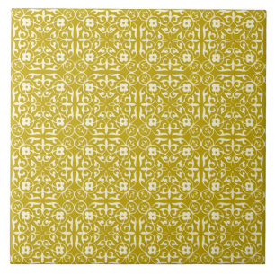 Mediaeval Damask pattern, mustard gold Ceramic Tile