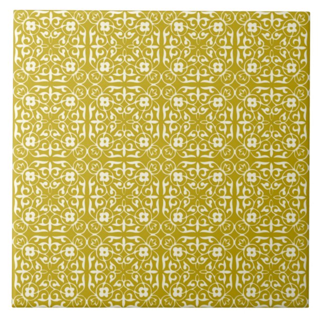 Mediaeval Damask pattern, mustard gold Ceramic Tile (Front)