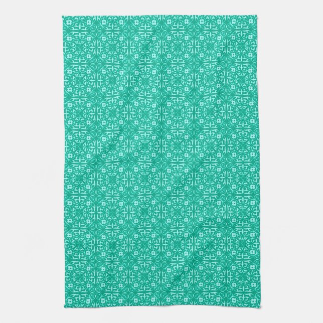 Mediaeval Damask pattern, turquoise and aqua Tea Towel (Vertical)