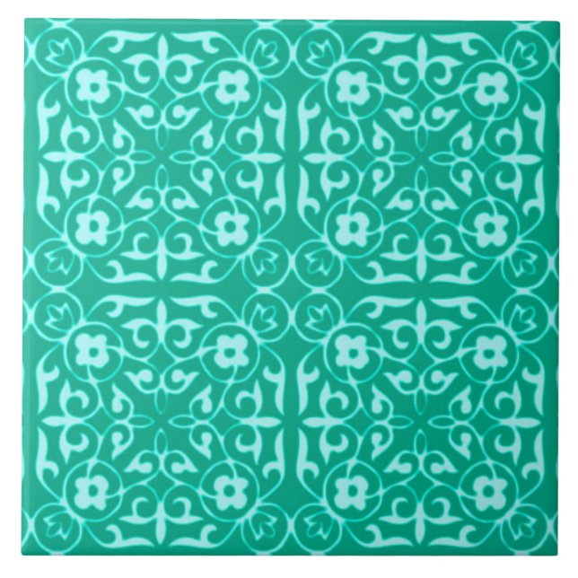 Mediaeval Damask pattern, turquoise and aqua Tile (Front)