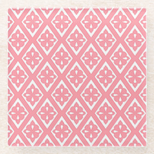 Mediaeval diamonds - coral pink and white glass coaster