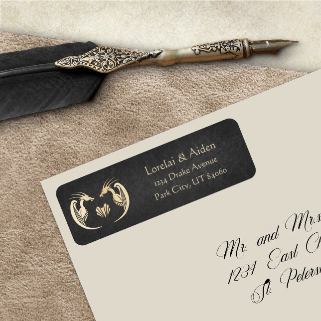 Mediaeval Dragon Black Fantasy Parchment Wedding Return Address Label (Creator Uploaded)