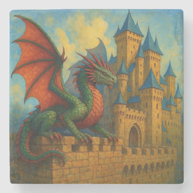 Mediaeval Dragon Castle Protector Stone Coaster (Front)