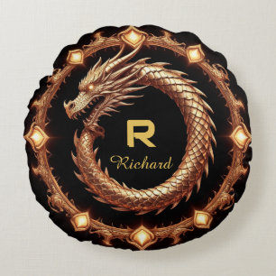 🐉 Mediaeval Dragon Crest Name Ring Frame Emblem � Round Cushion