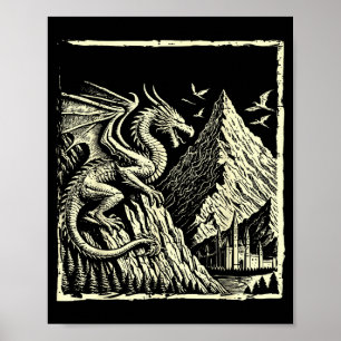 Mediaeval Dragon Mountain Castle Mythical Men Wome Poster
