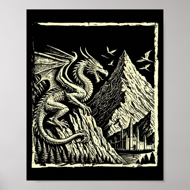 Mediaeval Dragon Mountain Castle Mythical Men Wome Poster (Front)