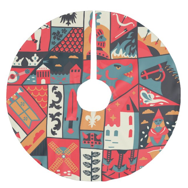 Mediaeval Elegance: Seamless Pattern Design Brushed Polyester Tree Skirt (Front)