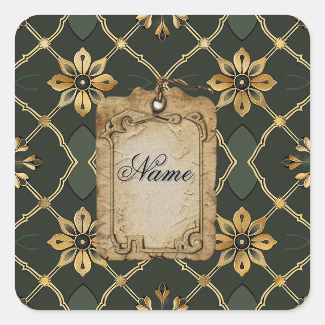 Mediaeval Elegant Green Personalised  Square Sticker (Front)