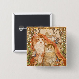 Mediaeval Fairy Tale Cats with Birds and Flowers I 15 Cm Square Badge