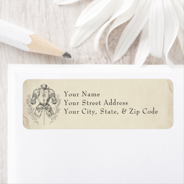 Mediaeval Fantasy Armour Black Etching Wedding Return Address Label (Insitu)