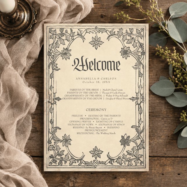 Mediaeval Fantasy Black Vintage Etching Wedding Program (Creator Uploaded)