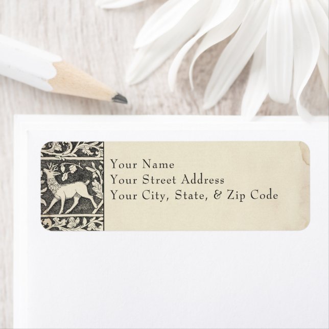 Mediaeval Fantasy Deer Black Etching Wedding Return Address Label (Insitu)