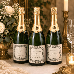 Mediaeval Fantasy Vintage Black Etching Wedding Sparkling Wine Label