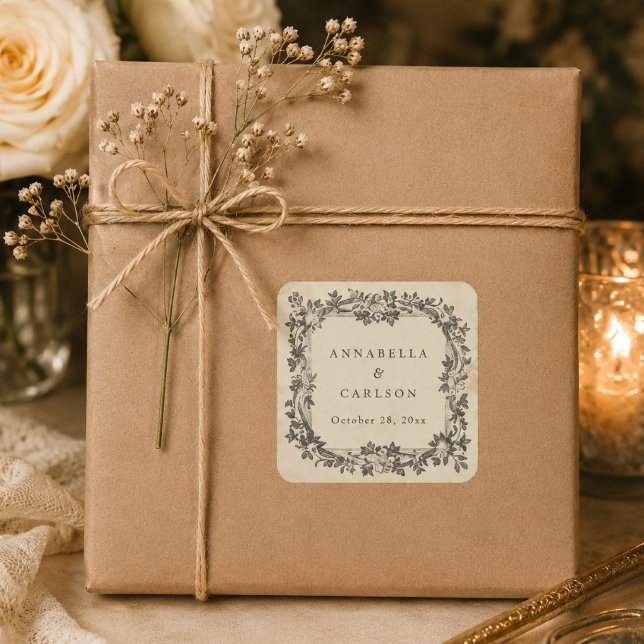 Mediaeval Fantasy Vintage Black Etching Wedding Square Sticker (Creator Uploaded)