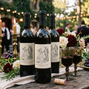Mediaeval Fantasy Vintage Black Etching Wedding Wine Label