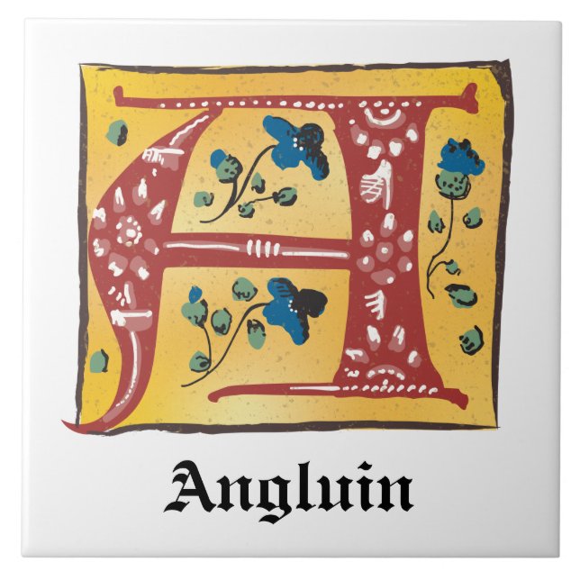 Mediaeval Floral Illuminated Letter A Monogram Ceramic Tile (Front)