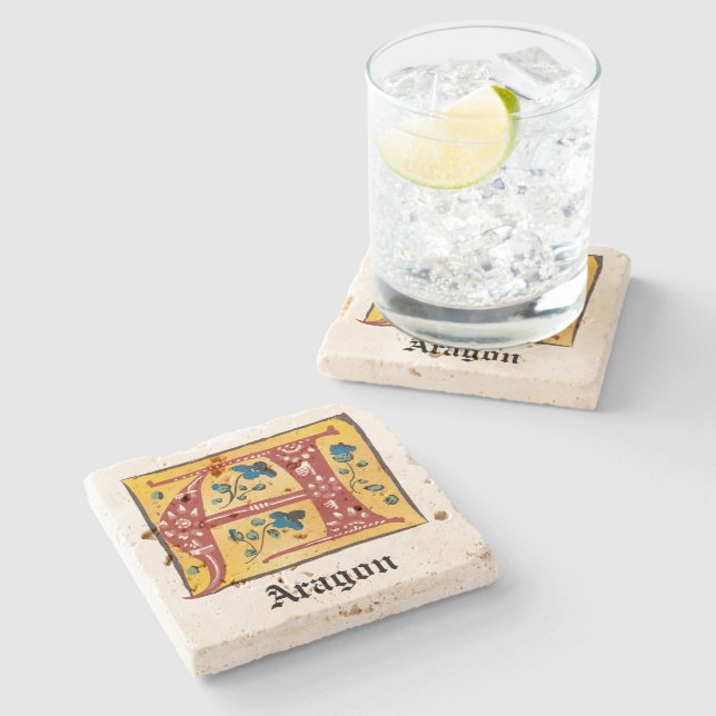 Mediaeval Floral Illuminated Letter A Monogram Stone Coaster (Side)
