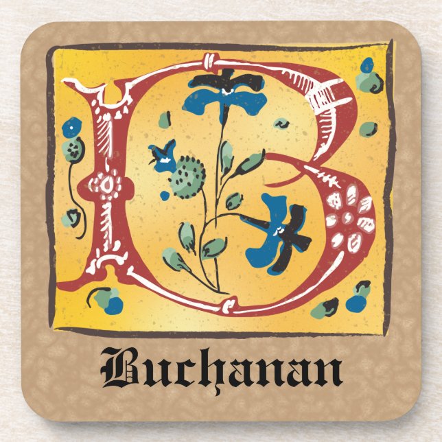 Mediaeval Floral Illuminated Letter B Monogram Coaster (Front)