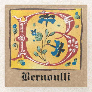 Mediaeval Floral Illuminated Letter B Monogram Glass Coaster