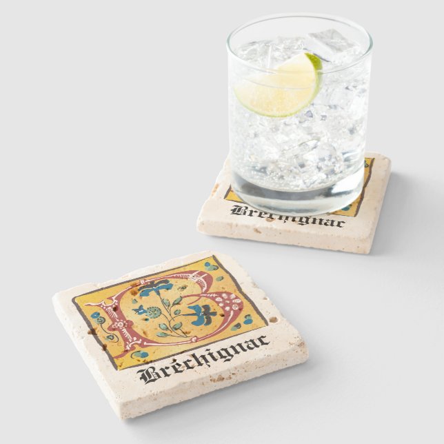 Mediaeval Floral Illuminated Letter B Monogram Stone Coaster (Side)