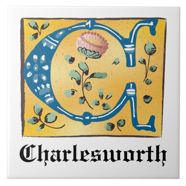Mediaeval Floral Illuminated Letter C Monogram Ceramic Tile (Front)