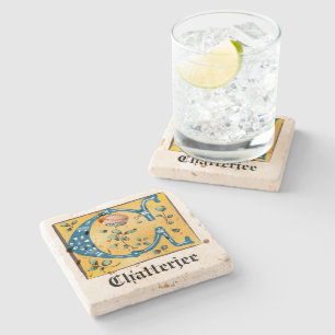 Mediaeval Floral Illuminated Letter C Monogram Stone Coaster