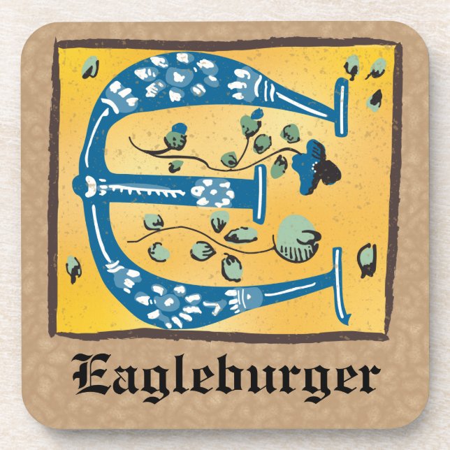 Mediaeval Floral Illuminated Letter E Monogram Coaster (Front)
