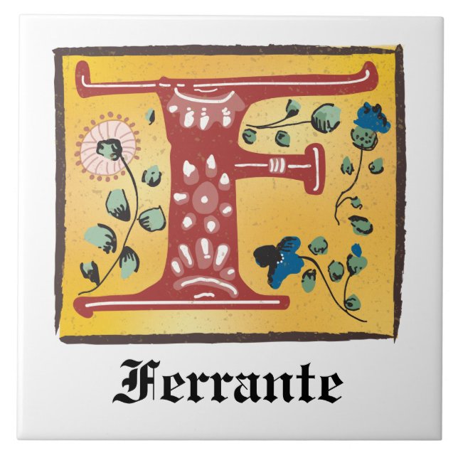 Mediaeval Floral Illuminated Letter F Monogram Ceramic Tile (Front)