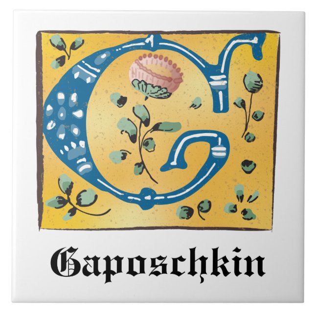 Mediaeval Floral Illuminated Letter G Monogram Ceramic Tile (Front)