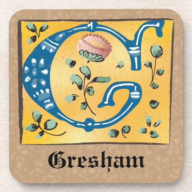 Mediaeval Floral Illuminated Letter G Monogram Coaster (Front)