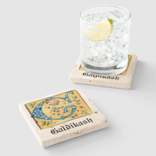 Mediaeval Floral Illuminated Letter G Monogram Stone Coaster