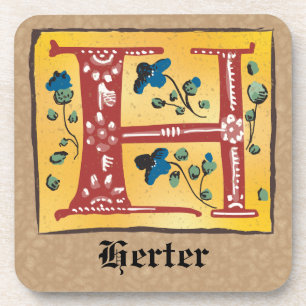 Mediaeval Floral Illuminated Letter H Monogram Coaster