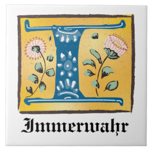 Mediaeval Floral Illuminated Letter I Monogram Ceramic Tile