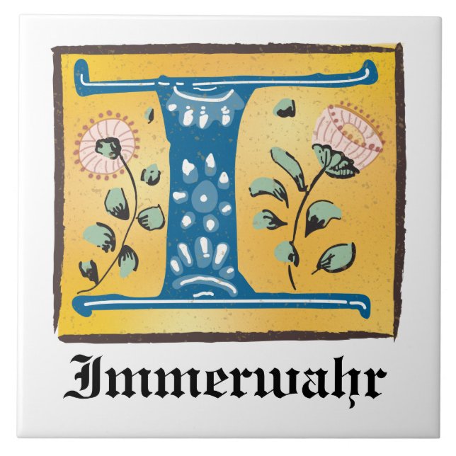 Mediaeval Floral Illuminated Letter I Monogram Ceramic Tile (Front)