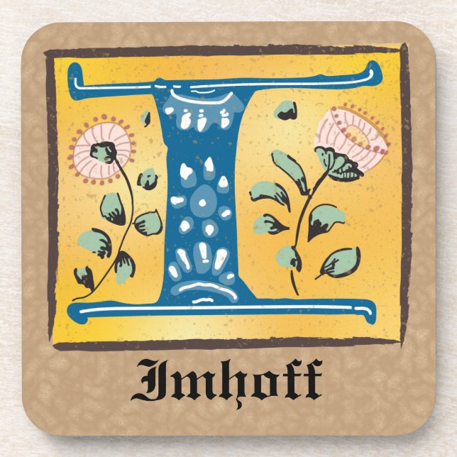 Mediaeval Floral Illuminated Letter I Monogram Coaster (Front)