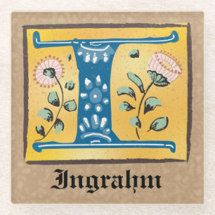 Mediaeval Floral Illuminated Letter I Monogram Glass Coaster