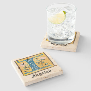 Mediaeval Floral Illuminated Letter I Monogram Stone Coaster